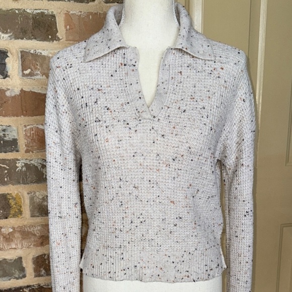 William Rast Cream Speckled Texture Sweater Split Collar Boxy Cotton Knit Sz S - Picture 1 of 12
